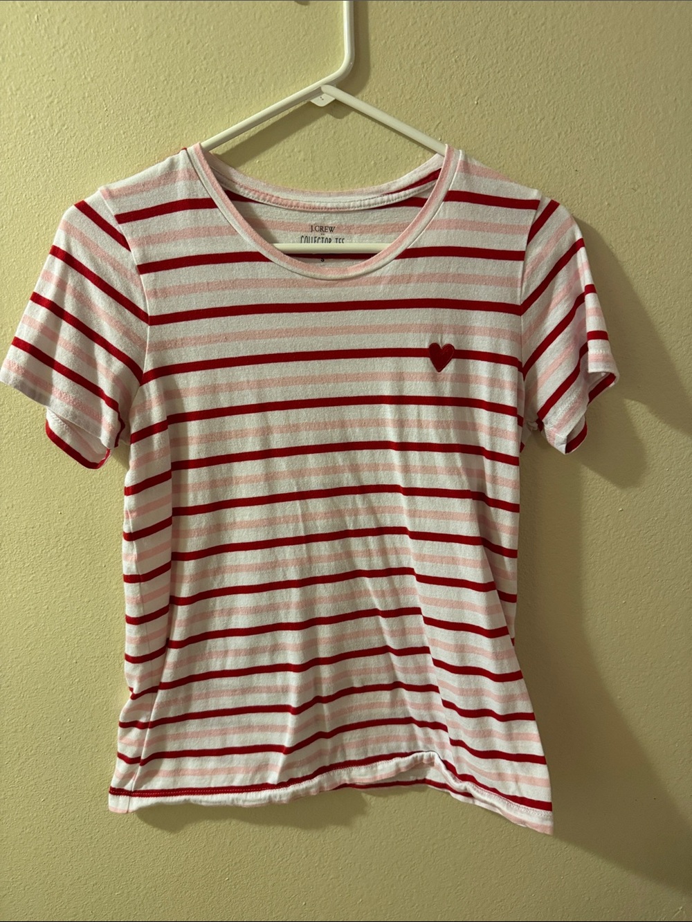 J. Crew White Tee with Red Stripes and Heart Patch
